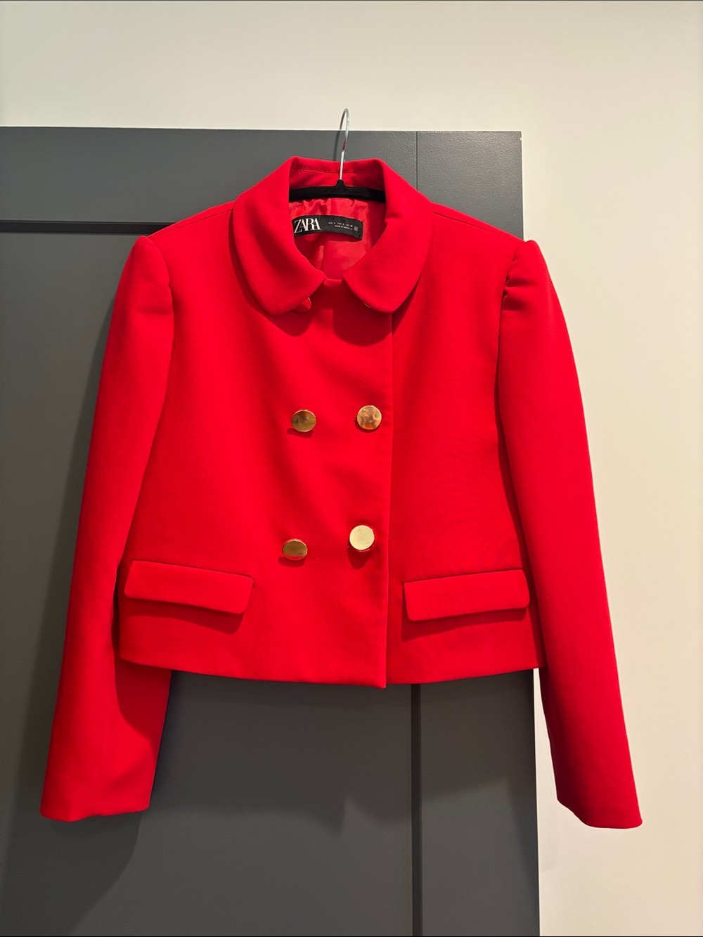 Zara Vibrant Red Double-Breasted Cropped Blazer with Gold Buttons